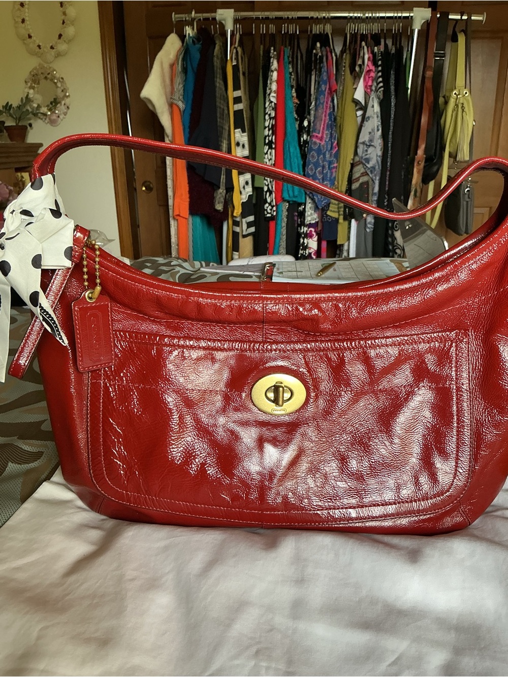 Coach Red Leather Shoulder Bag with Turn-Lock Pocket - Picture 4 of 15